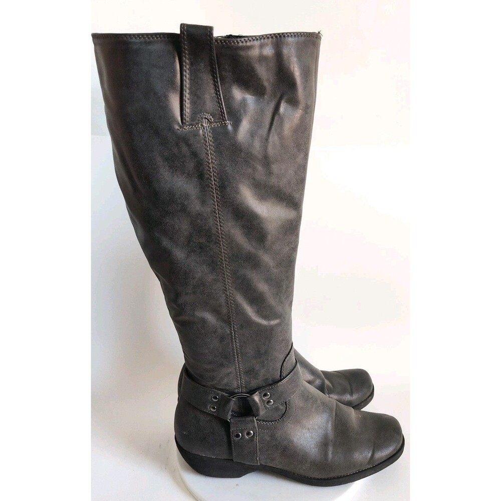 Aerosoles Knee High Tall Boots Size 7.5 Vegan‎ Leather Gray Flat Harness Comfort